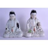 A PAIR OF EARLY 20TH CENTURY CHINESE PORCELAIN FIGURES OF GUANYIN one modelled holding a green book,