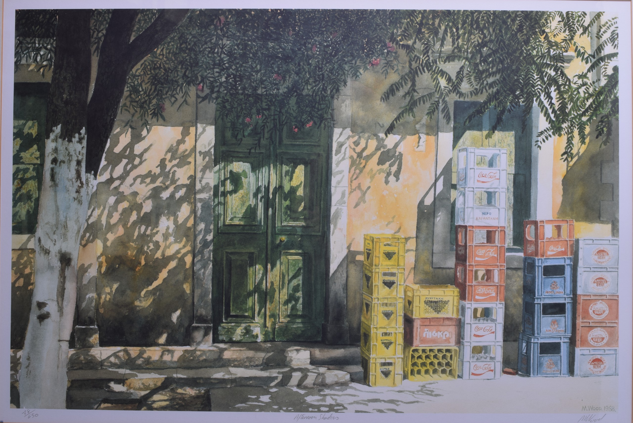 M WOOD, Framed Print, "Afternoon Shadows", a stack of empty bottle crates. 55 cm x 83 cm.