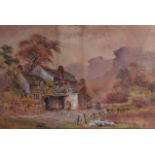 BRITISH SCHOOL (Early 20th Century), a framed watercolour, figures by a cottage in a landscape. 35