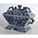 A CHINESE BLUE AND WHITE PORCELAIN INCENSE BURNER AND COVER bearing Qianlong marks to base,