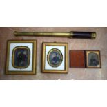 A 19TH CENTURY THREE DRAWER BRASS TELESCOPE together with three cased daguerreotype. (4)