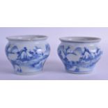 A PAIR OF CHINESE CA MAU CARGO BLUE AND WHITE JARLETS painted with landscapes. 8.5 cm wide.