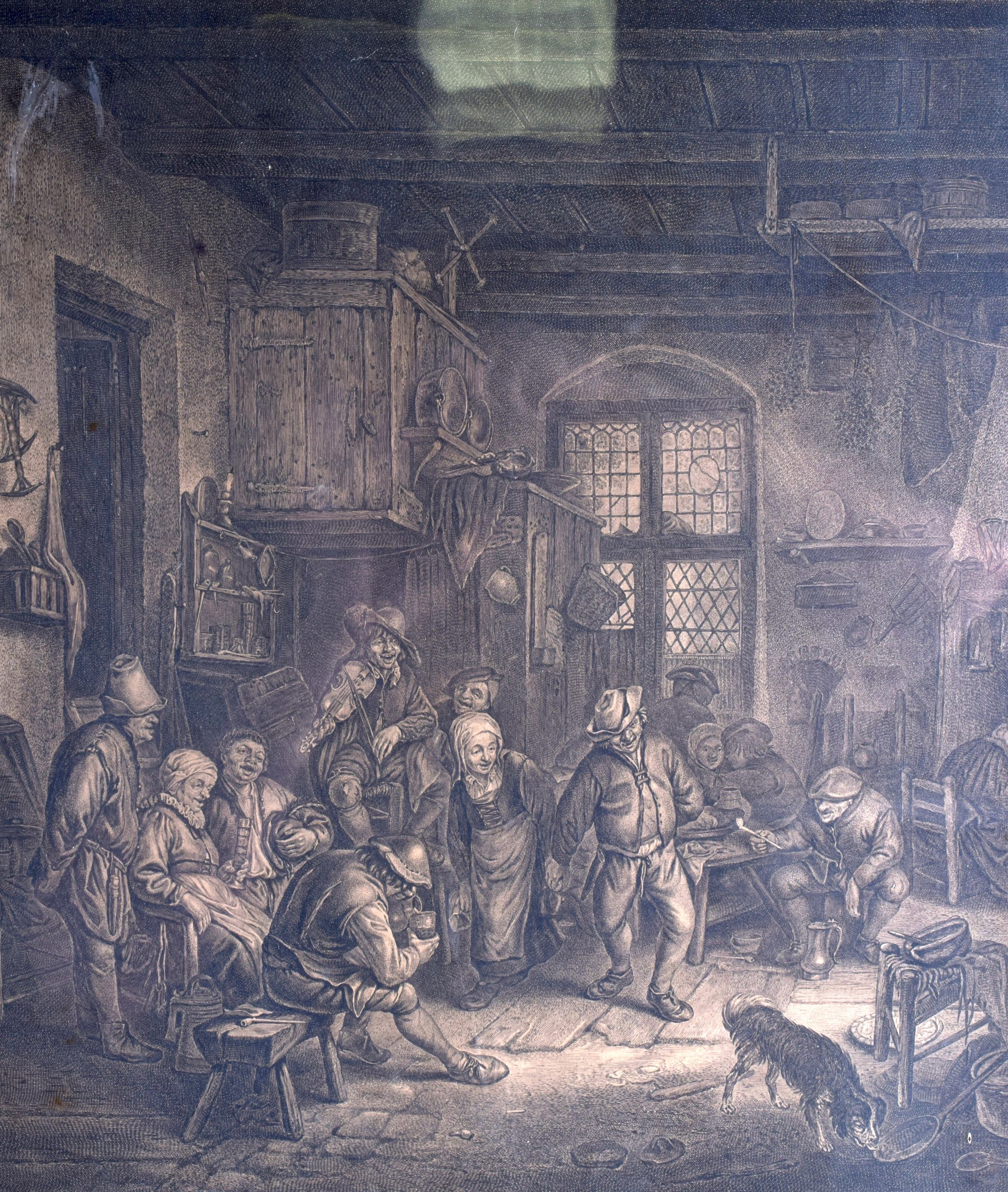 A FRAMED VICTORIAN PRINT, drunken figures singing in an interior. 44 cm x 36 cm.