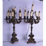 A LARGE PAIR OF 19TH CENTURY FRENCH BRONZE FIVE BRANCH CANDLEABRA converted to amps, mounted with