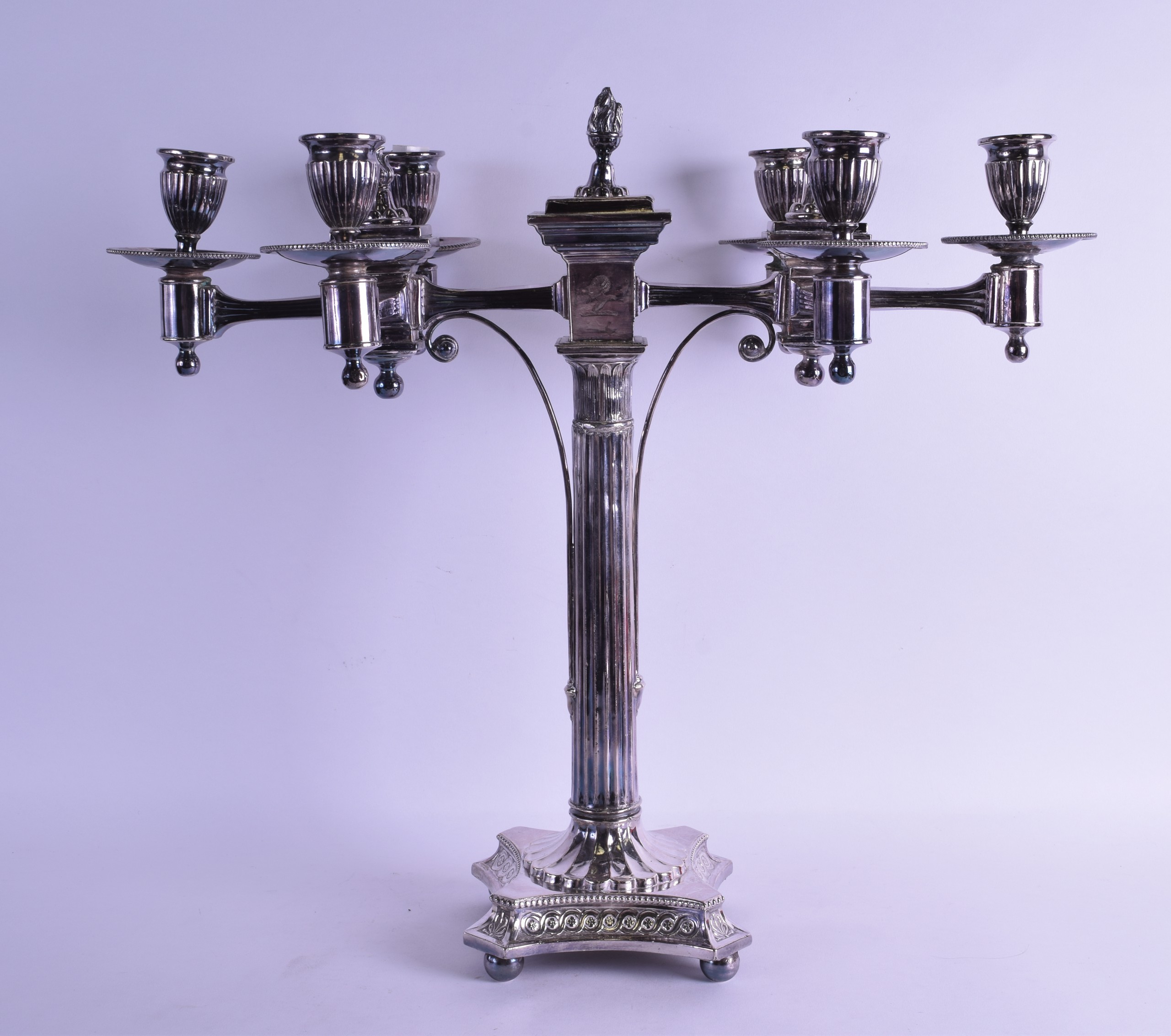 A RARE MID 19TH CENTURY IMPOSING SIX LIGHT CANDLEABRA in the Adams style, with six lights set in a