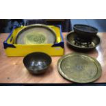 A 19TH CENTURY CHINESE ENGRAVED BRASS DISH together with a Cairoware dish etc. (6)