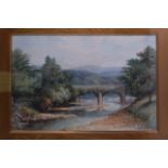 A T FISHER (British), Framed Watercolour, signed, bridge in a river landscape. 36 cm x 55 cm.