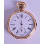 A GOOD EARLY 20TH CENTURY GENTLEMANS 18CT YELLOW GOLD POCKET WATCH with white enamel dial and