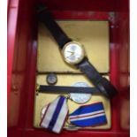 A COLLECTION OF MILITARIA including an RAF button escale compass, trench art signet ring, 2 x medals