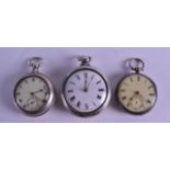 THREE ANTIQUE SILVER POCKET WATCHES with enamel dials. Largest 5.5 cm diameter. (3)