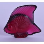 A SMALL BOXED FRENCH LALIQUE PURPLE GLASS FIGURE OF A STYLISED FISH. 4.75 cm wide.