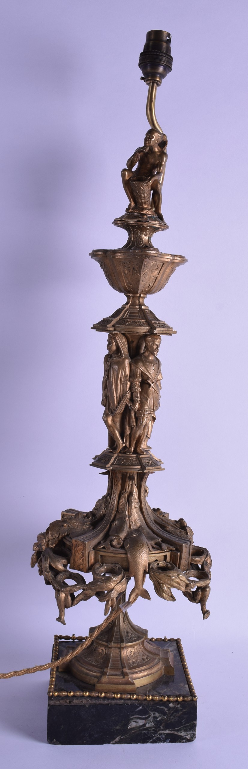 A GOOD 19TH CENTURY FRENCH ORMOLU TABLE LAMP decorated with classical figures in various pursuits.