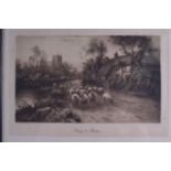 A FRAMED PRINT, "Going to Pasture, together with an etching. (2).