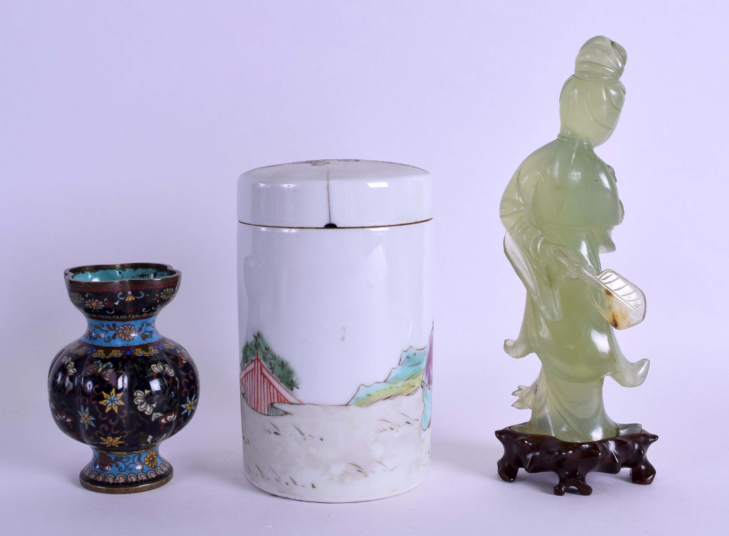 AN EARLY 20TH CENTURY CHINESE CARVED GREEN BOWENITE FIGURE OF GUANYIN together with a small - Image 2 of 2