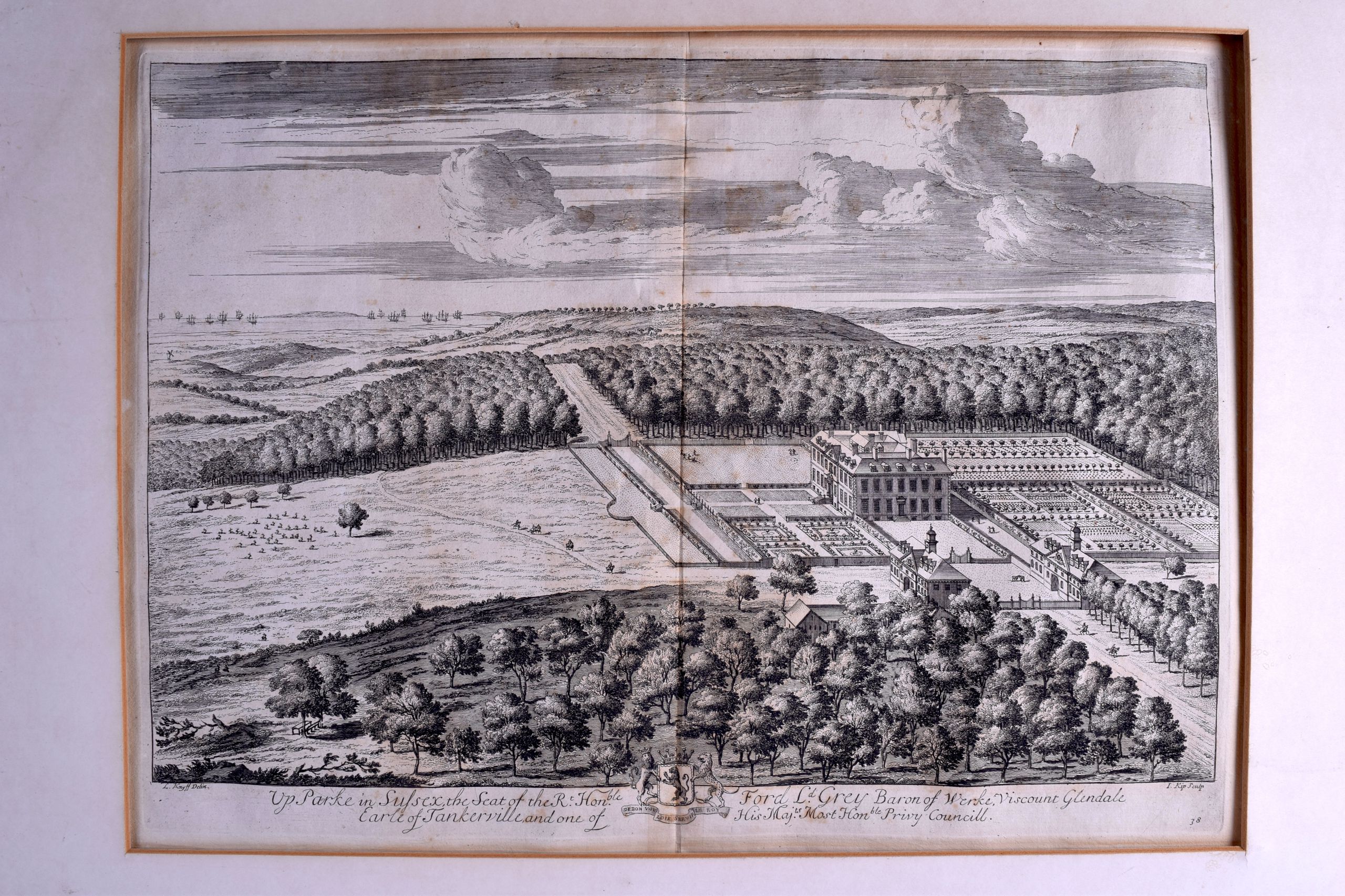 A FRAMED ENGRAVING (19th Century), a stately house and its surrounding grounds. 35 cm x 47 cm.