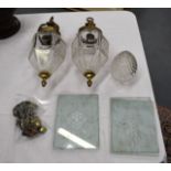 A PAIR OF SMALL ANTIQUE GLASS LANTERNS together with 5 x glass engraved panels & various