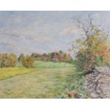 MEG BURNS (British), Framed Oil on Canvas, church in a landscape.35 cm x 43 cm.