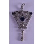 A FINE VICTORIAN WHITE GOLD DIAMOND AND SAPPHIRE PENDANT of neo classical inspiration. 8.9 grams.