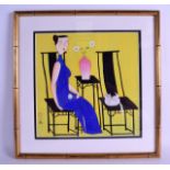 AN UNUSUAL CHINESE FRAMED WATERCOLOUR depicting a female seated upon a high black chair beside a