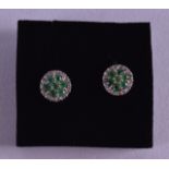 A PAIR OF 9CT GOLD EMERALD AND DIAMOND EARRINGS.