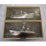 A PAIR OF VINTAGE WHITE METAL PLAQUES depicting RMS Ellinis & SS Australis.