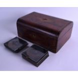 AN ANTIQUE WALNUT TUNBRIDGEWARE BOX containing numerous Victorian magic lantern slides. (qty)