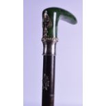 A GOOD LATE 19TH CENTURY RUSSIAN SILVER GILT AND NEPHRITE WALKING CANE in the manner of Faberge,