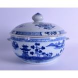 A LARGE 18TH CENTURY CHINESE EXPORT BLUE AND WHITE TUREEN AND COVER Qianlong, painted with