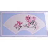 A PAIR OF EARLY 20TH CENTURY CHINESE FRAMED INKWORK WATERCOLOUR FAN PANELS one decorated with