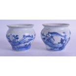 A PAIR OF CHINESE CA MAU CARGO BLUE AND WHITE JARLETS painted with landscapes. 8.5 cm wide.