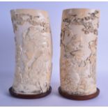 A GOOD LARGE PAIR OF 19TH CENTURY JAPANESE MEIJI PERIOD CARVED IVORY TUSK VASES decorated with