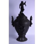 A GOOD LARGE 19TH CENTURY JAPANESE MEIJI PERIOD TWIN HANDLED BRONZE VASE AND COVER depicting a