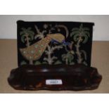 AN EARLY 20TH CENTURY EUROPEAN CARVED TORTOISESHELL TRAY together with a vintage purse. (2)