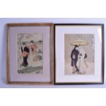 THREE JAPANESE PRINTS together with a wooden cased triptych. (4)