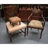 TWO ANTIQUE CHAIRS and a foot stool. (3)