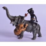 A COLD PAINTED BRONZE FIGURE OF AN ELEPHANT modelled being attacked by male and tiger. 8.75 cm