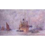 I J HALL (British), Framed Watercolour, signed & dated '20, ships in a busy harbour. 28 cm x 49 cm.