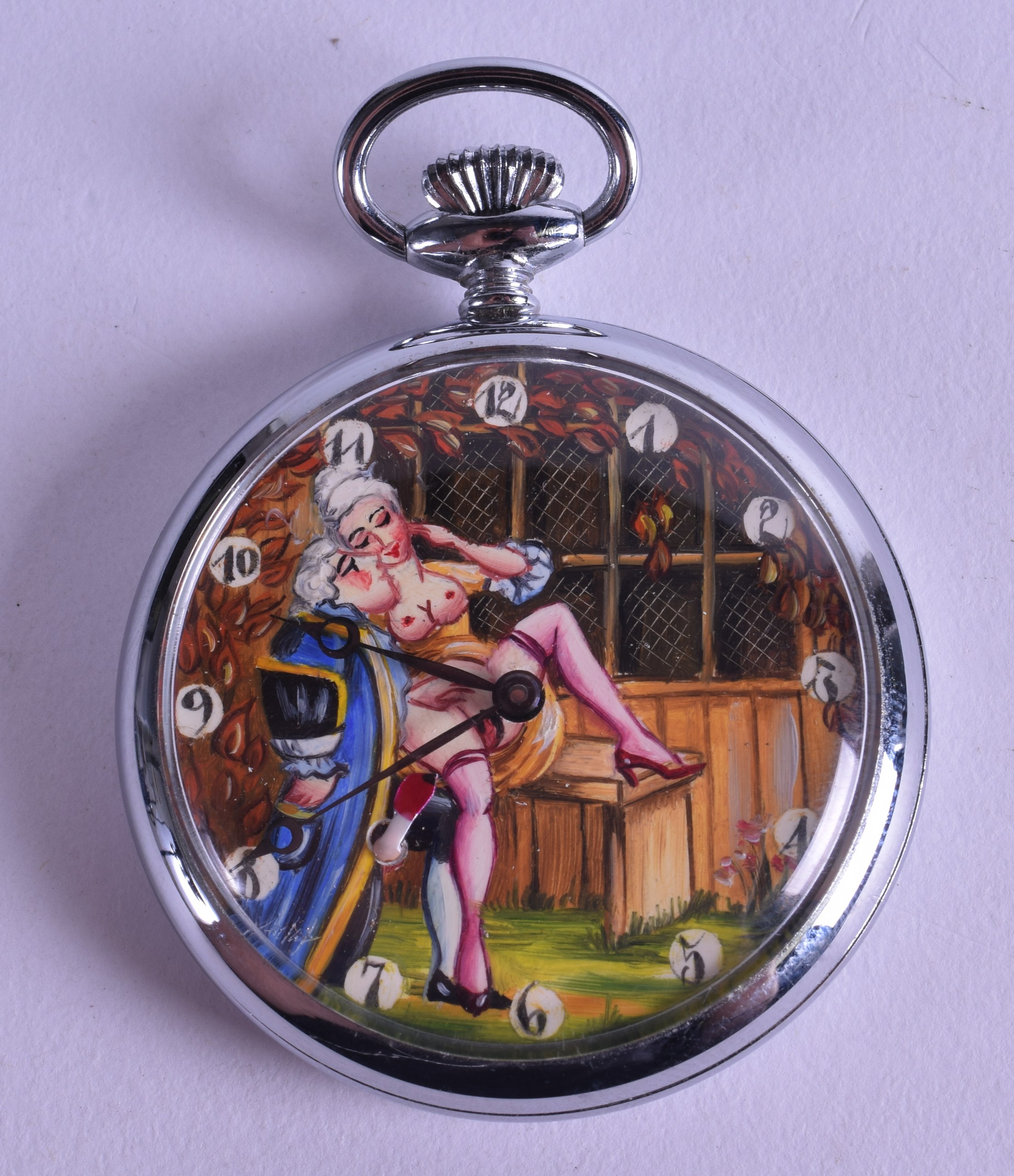 AN UNUSUAL CHROME EROTIC POCKET WATCH decorated with figures courting upon a bench. 4.5 cm wide.