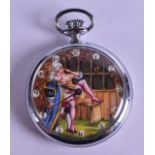 AN UNUSUAL CHROME EROTIC POCKET WATCH decorated with figures courting upon a bench. 4.5 cm wide.
