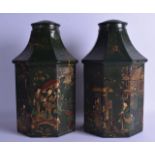 A PAIR OF GEORGE III STYLE LACQUERED TIN TEA CANISTERS AND COVERS decorated with figures within