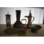 A BOX OF EASTERN BRASSWARE including a 19th century ewer etc. (qty)