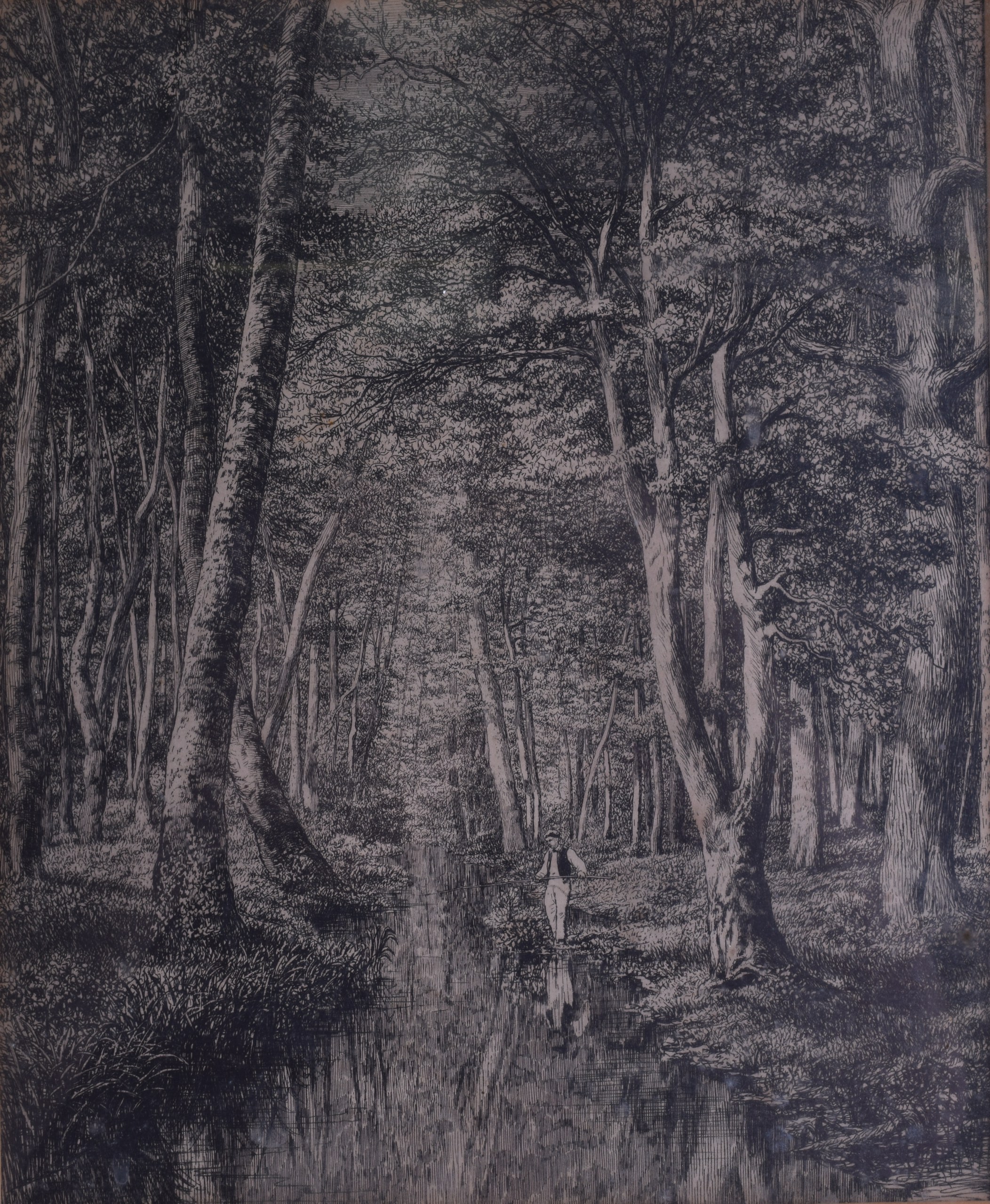 BRITISH SCHOOL (19th Century), Framed Etching, a male fishing in a the forest. 27 cm x 23 cm.
