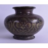 AN 18TH/19TH CENTURY PERSIAN PATINATED BRONZE Vessel decorated with gilt motifs. 17 cm wide.