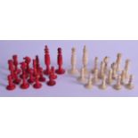 AN EARLY 19TH CENTURY CARVED AND STAINED BONE CHESS SET probably European. Largest piece 6.75 cm