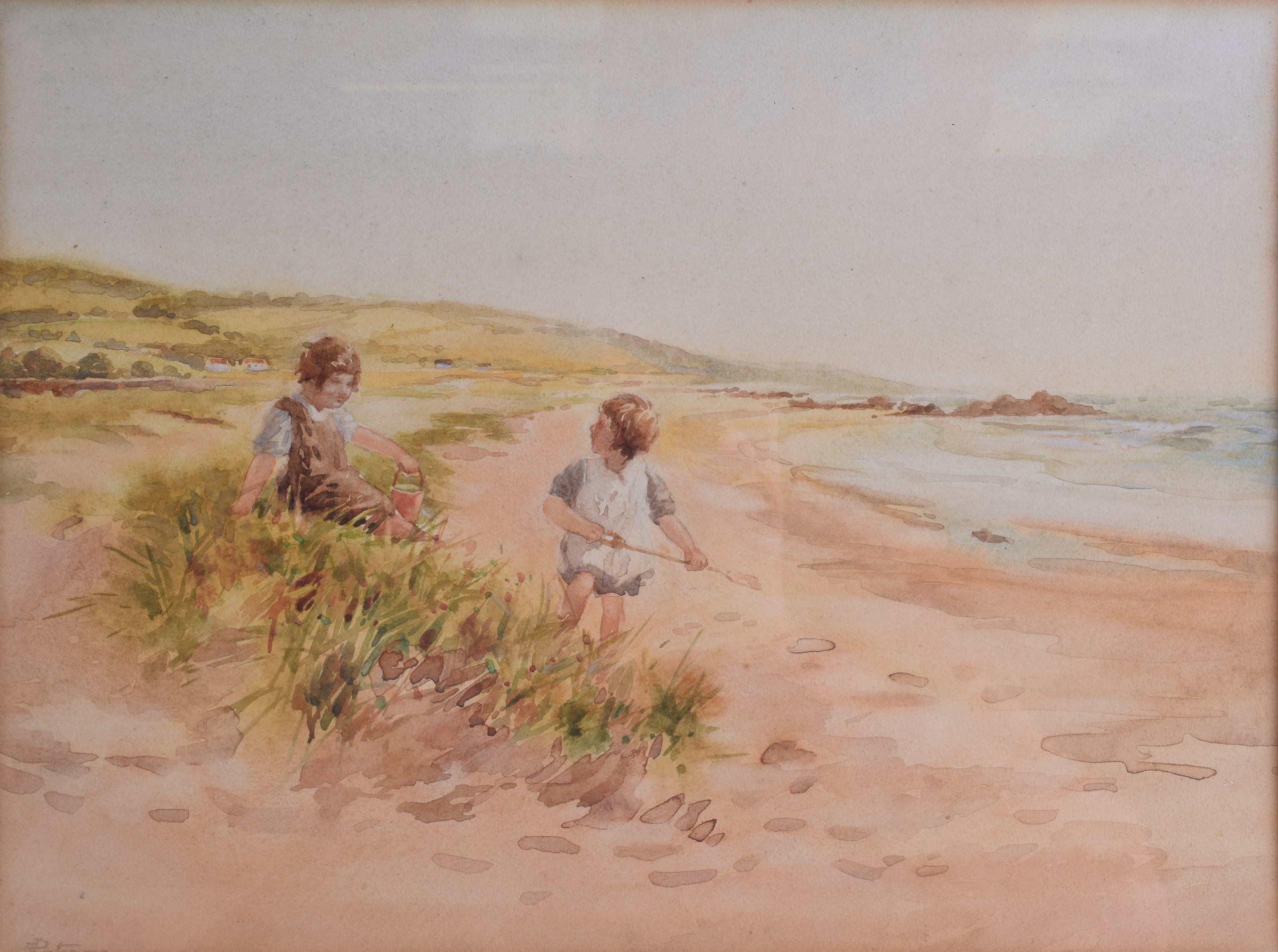 PATERSON (Scottish), Framed Pair Watercolours, signed, young girls building sand castles on a beach, - Bild 3 aus 4