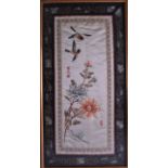 A CHINESE REPUBLICAN PERIOD SILKWORK PANEL depicting birds in flight. Signed. 35 cm x 69 cm.