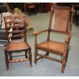 A LARGE VICTORIAN WICKER ARM CHAIR together with a smaller yew wood style country chair. (2)