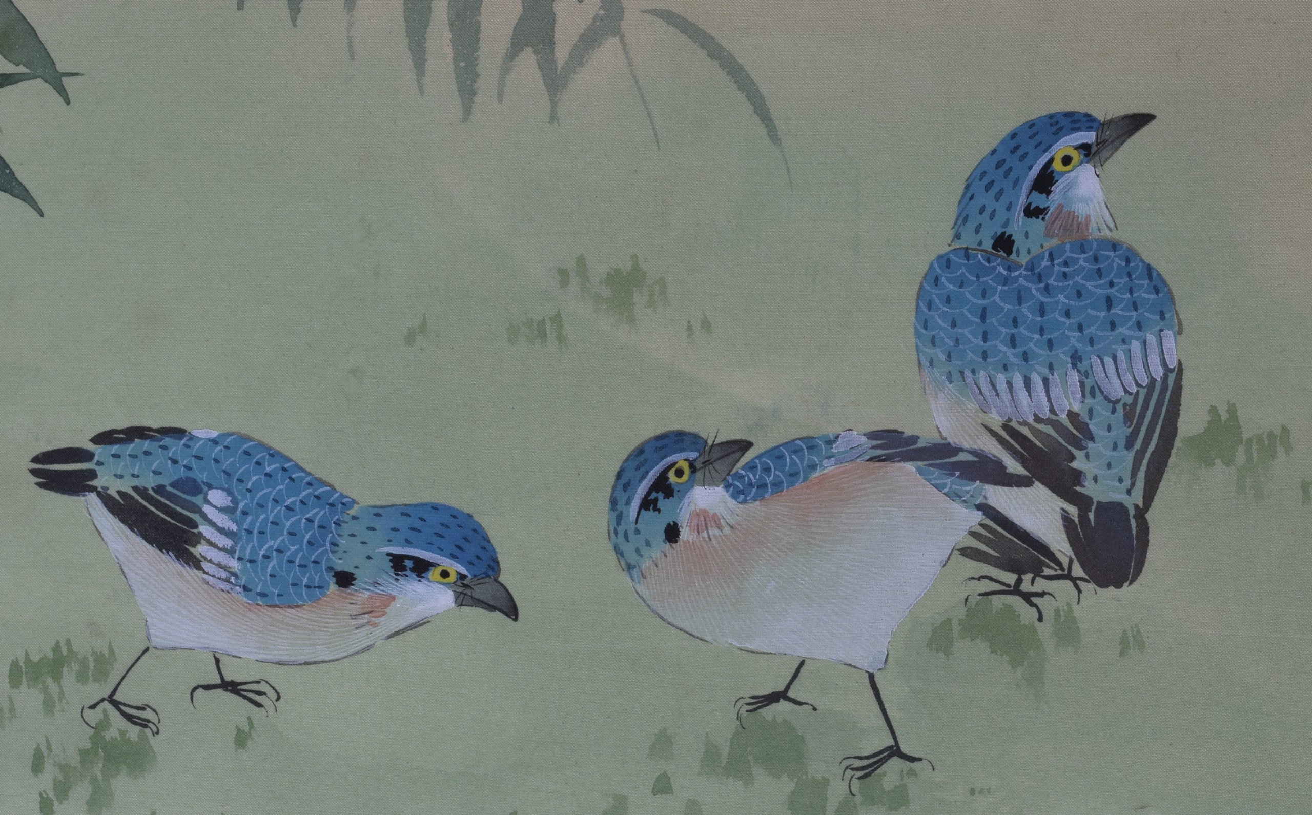 A LARGE EARLY 20TH CENTURY CHINESE FRAMED WATERCOLOUR depicting birds within a floral landscape.