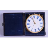 AN UNUSUAL FRENCH CASED GILT METAL DESK CLOCK with Roman numerals. 13 cm diameter.