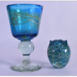 A MDINA GLASS GOBLET together with a similar Mdina owl glass paperweight. 16 cm & 7.5 cm high. (2)